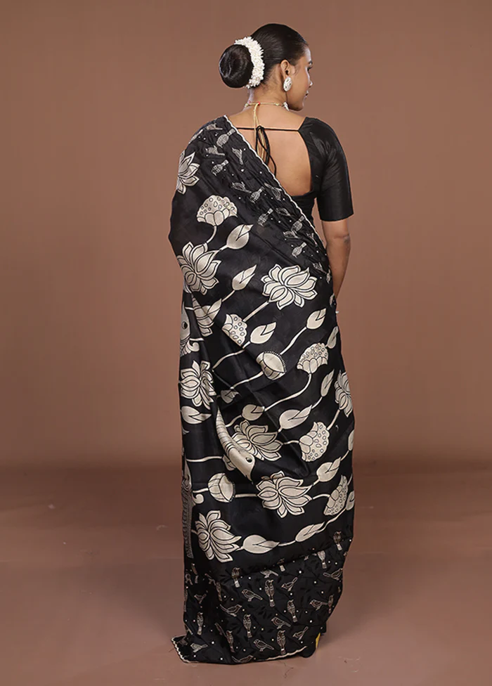 Black Tussar Silk Saree With Blouse Piece - Image 3