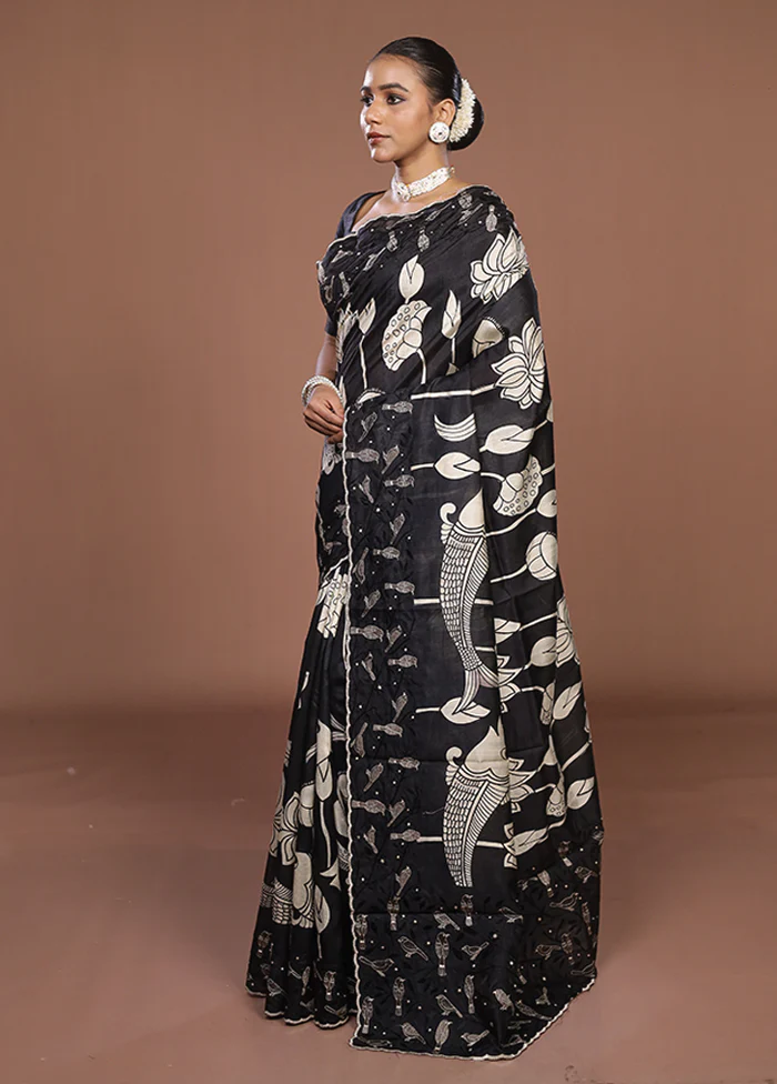 Black Tussar Silk Saree With Blouse Piece - Image 4