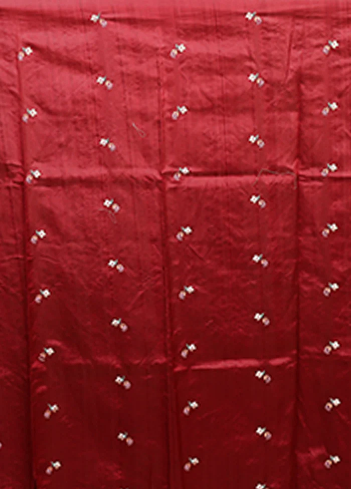 Maroon Tussar Silk Saree With Blouse Piece - Image 5