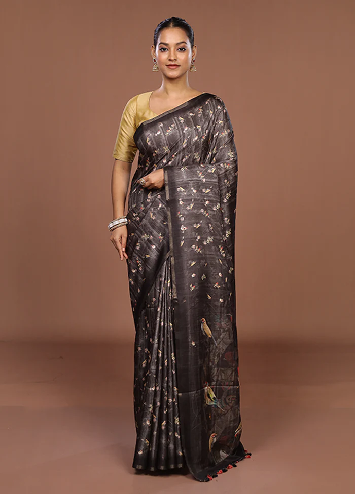 Black Tussar Silk Saree With Blouse Piece - Image 2