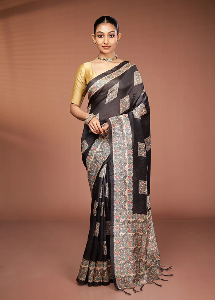 Black Tussar Silk Saree With Blouse Piece - Image 2