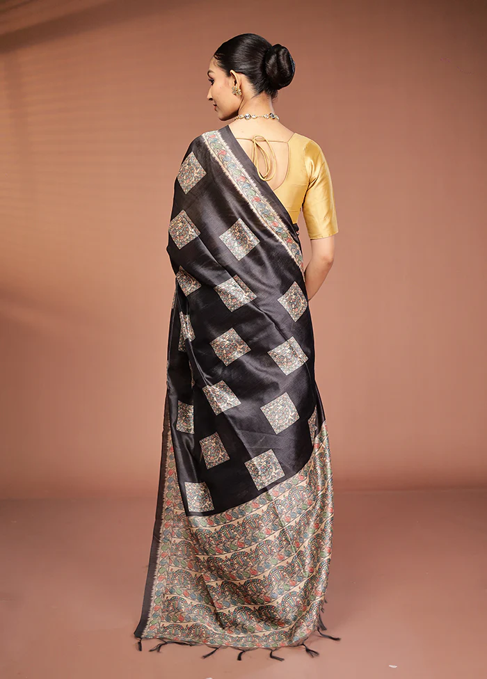 Black Tussar Silk Saree With Blouse Piece - Image 3