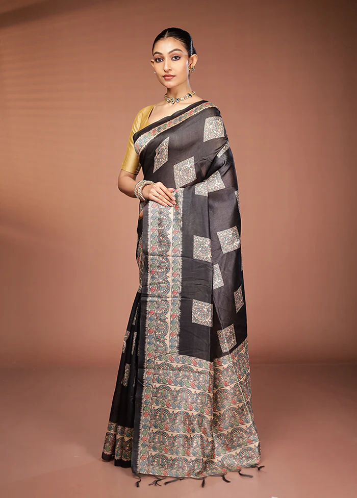 Black Tussar Silk Saree With Blouse Piece - Image 4