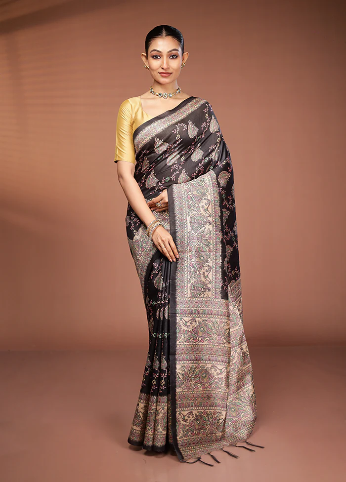 Black Tussar Silk Saree With Blouse Piece - Image 2