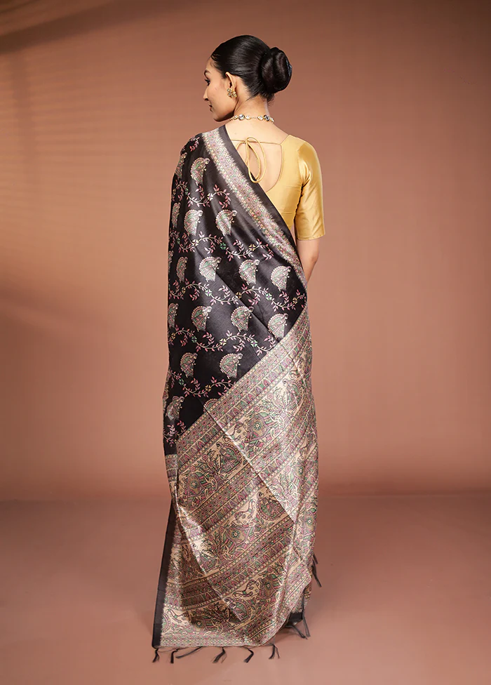 Black Tussar Silk Saree With Blouse Piece - Image 3