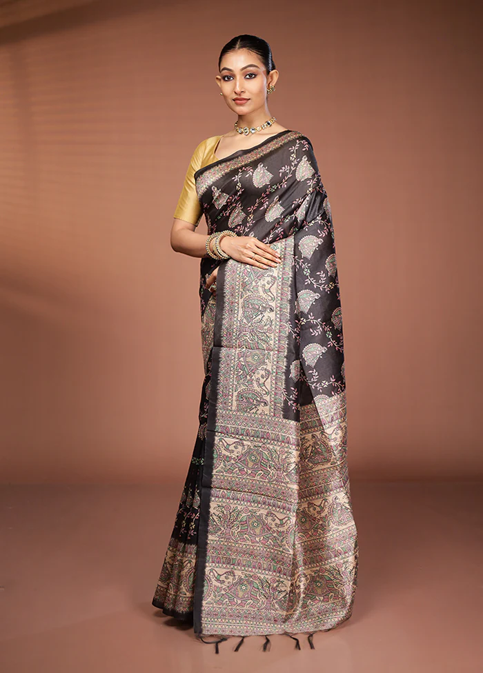 Black Tussar Silk Saree With Blouse Piece - Image 4