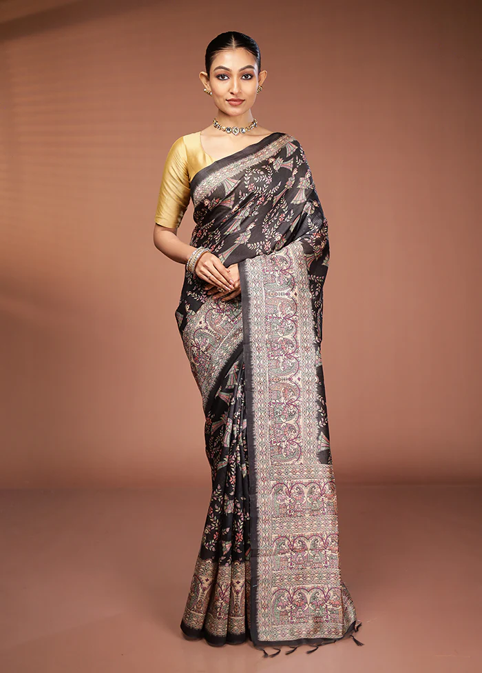 Black Tussar Silk Saree With Blouse Piece - Image 2
