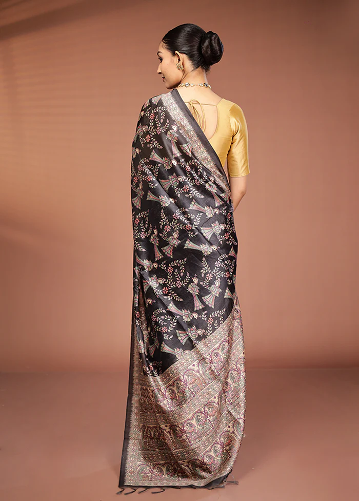 Black Tussar Silk Saree With Blouse Piece - Image 3