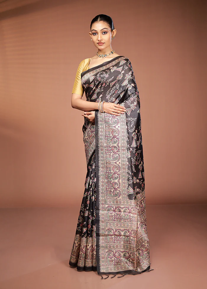 Black Tussar Silk Saree With Blouse Piece - Image 4