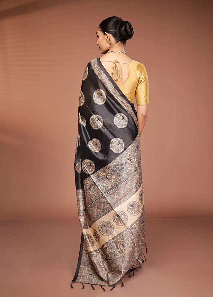 Black Tussar Silk Saree With Blouse Piece - Image 3