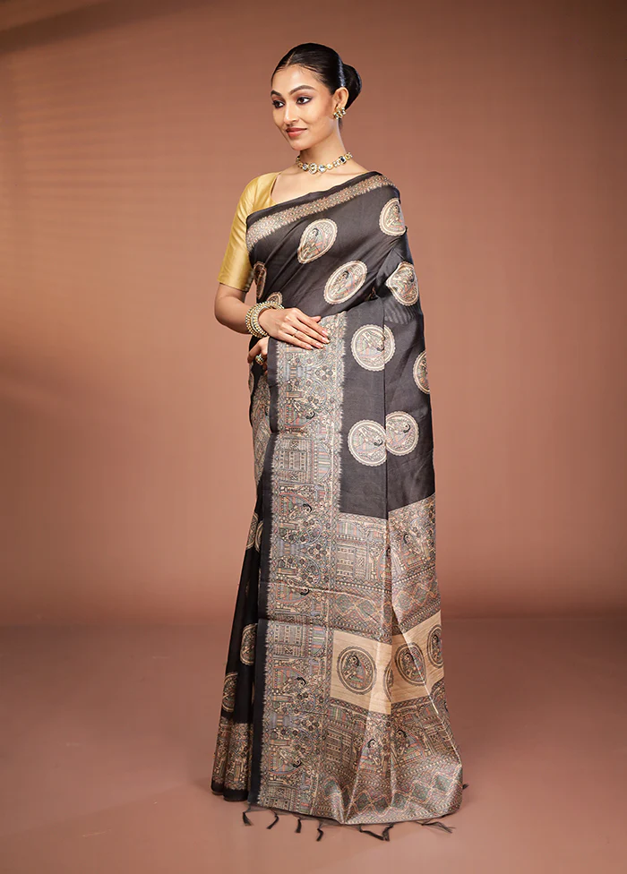 Black Tussar Silk Saree With Blouse Piece - Image 4