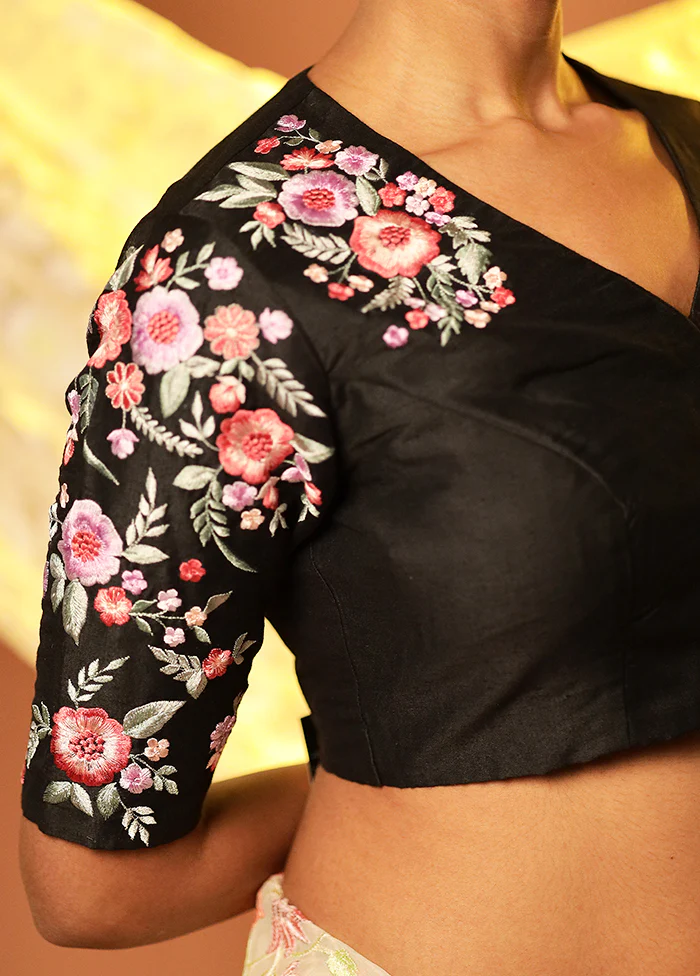 Black V Neck Designer Blouse Piece - Image 4