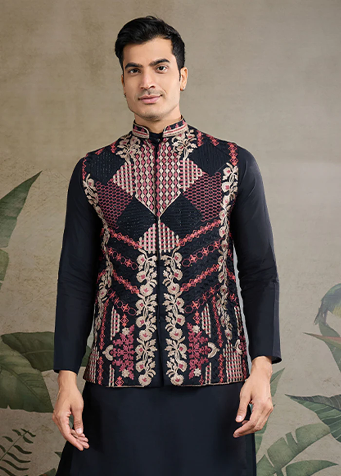 Black Viscose Kurta With Jacket - Image 2
