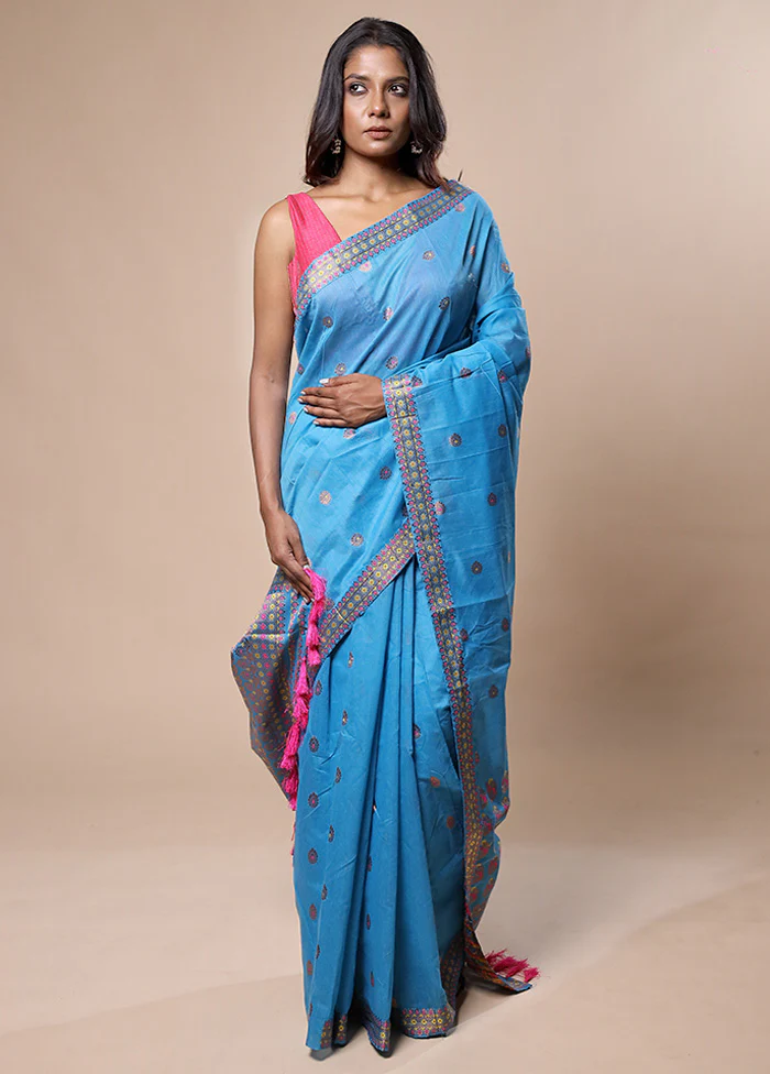 Blue Assam Silk Saree With Blouse Piece - Image 2