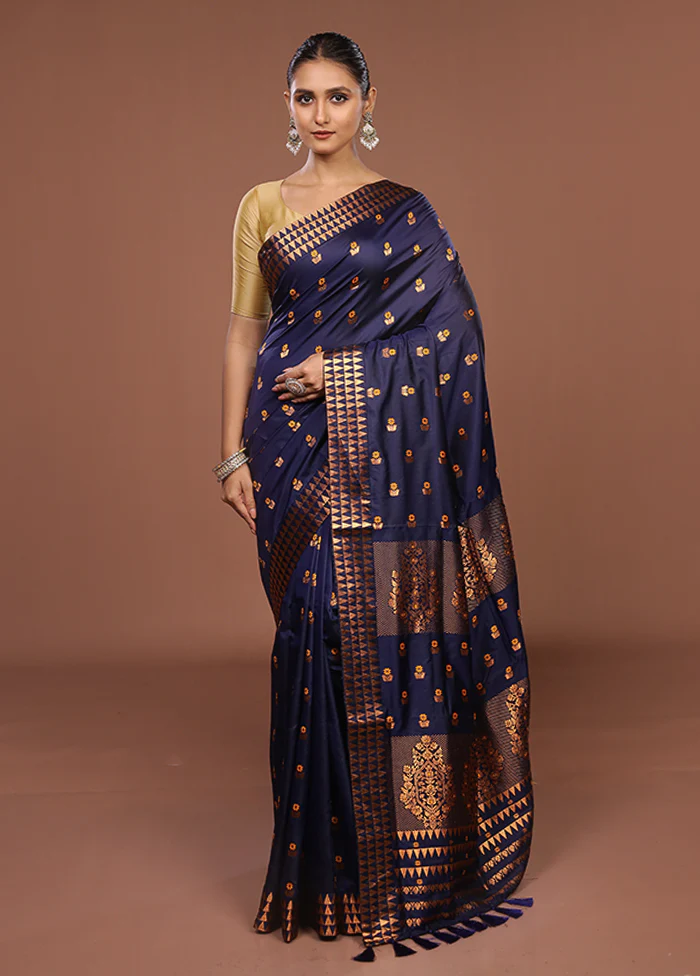 Blue Assam Silk Saree With Blouse Piece - Image 2