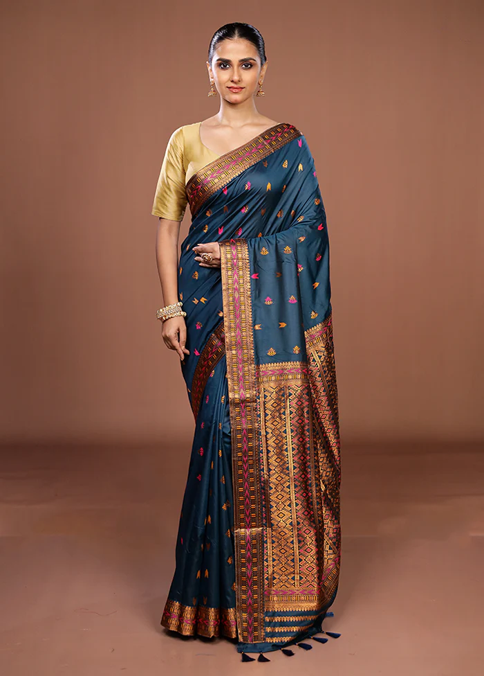 Blue Assam Silk Saree With Blouse Piece - Image 2