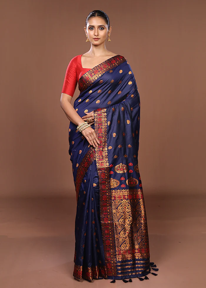 Blue Assam Silk Saree With Blouse Piece - Image 2