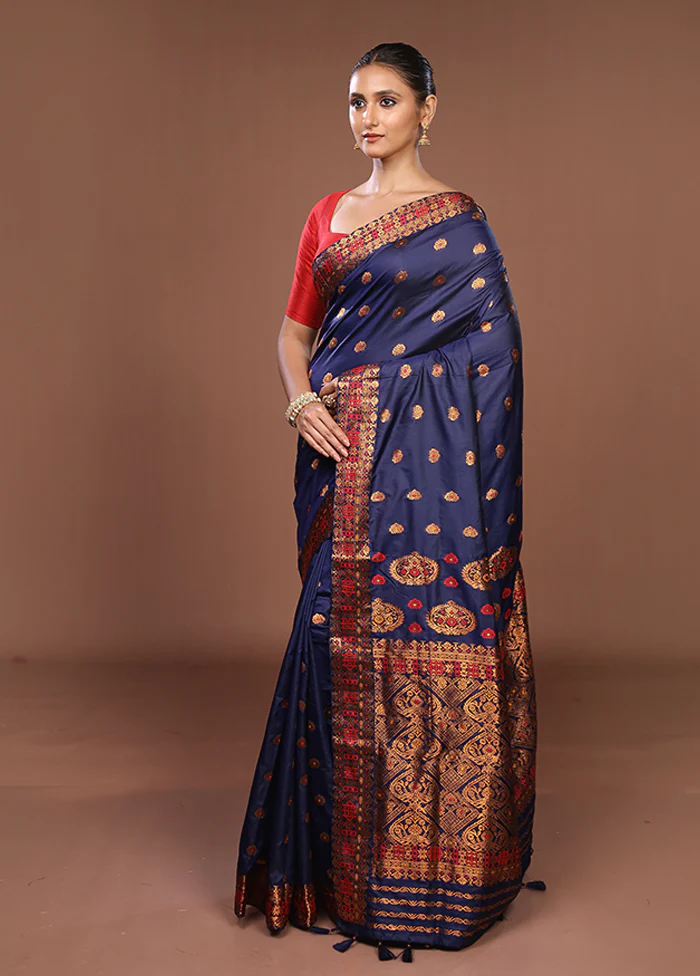 Blue Assam Silk Saree With Blouse Piece - Image 4