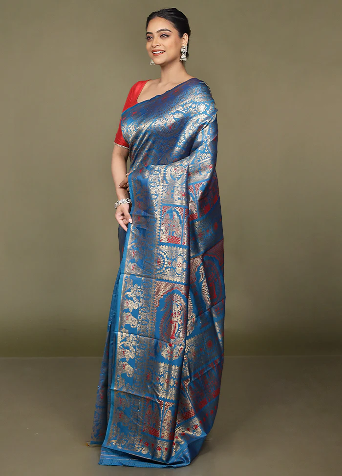 Blue Baluchari Silk Saree With Blouse Piece - Image 4