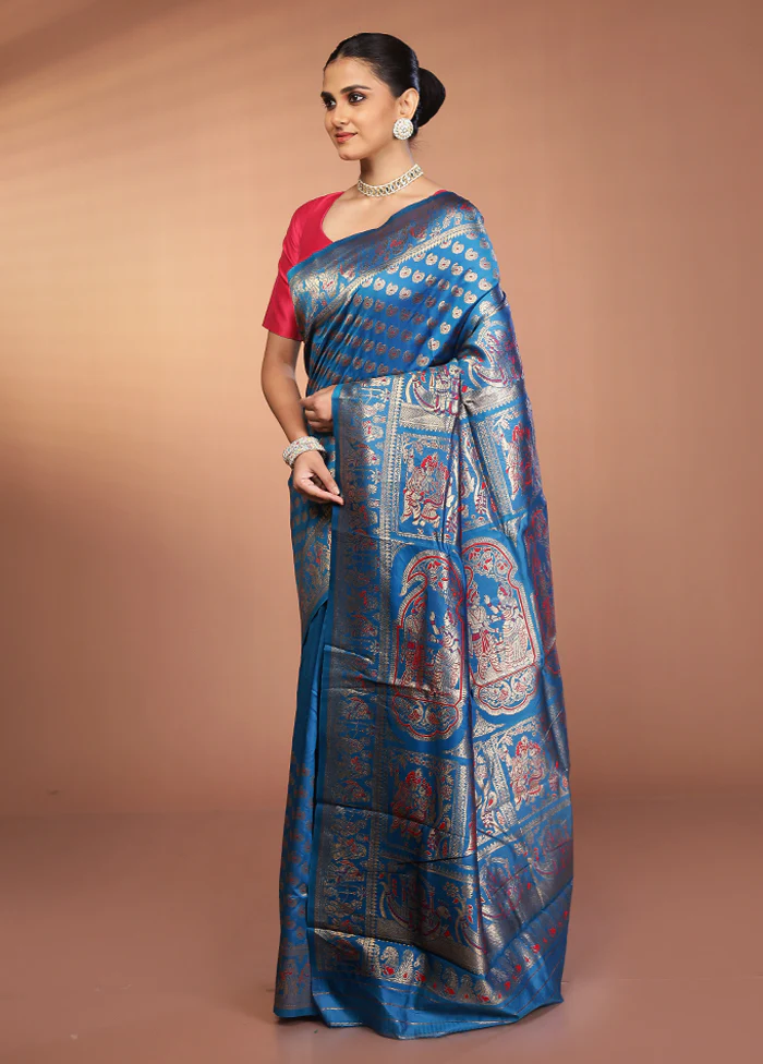 Blue Baluchari Silk Saree With Blouse Piece - Image 4