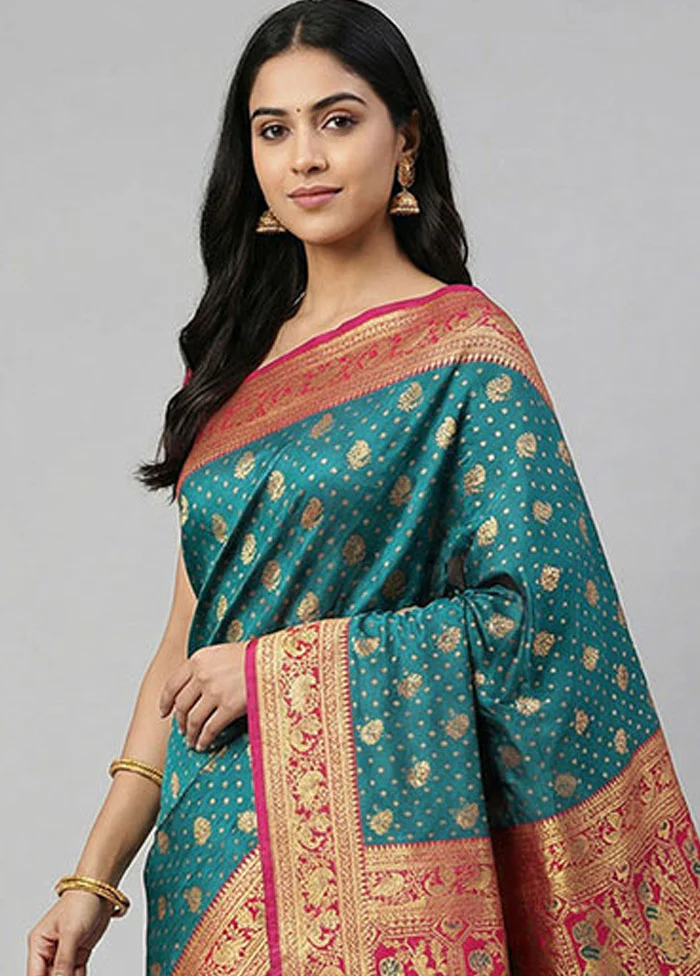 Blue Baluchari Silk Saree With Blouse Piece - Image 2