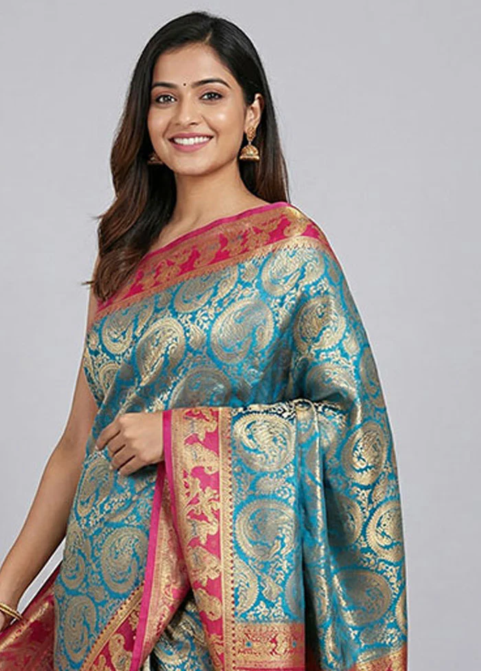 Blue Baluchari Silk Saree With Blouse Piece - Image 2