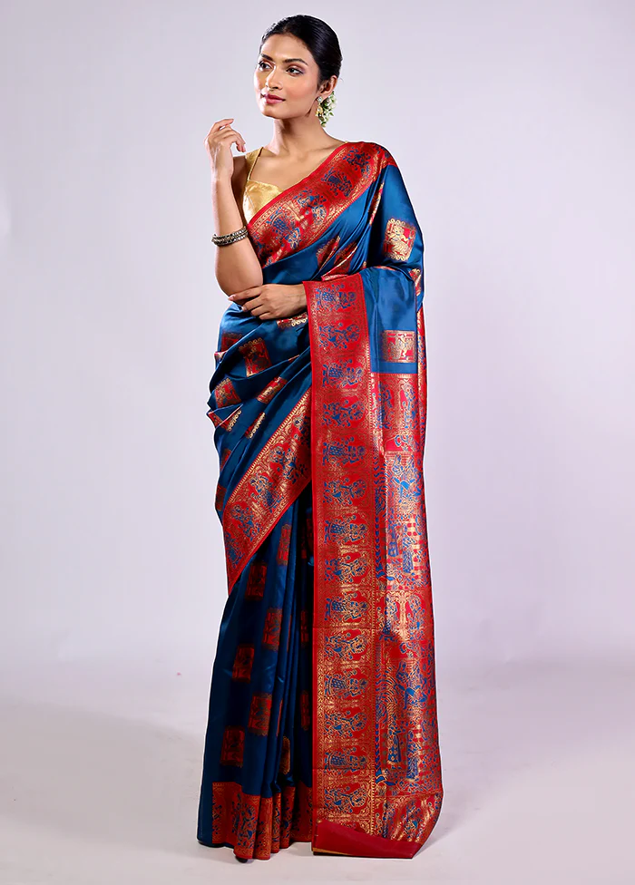 Blue Baluchari Silk Saree With Blouse Piece - Image 2