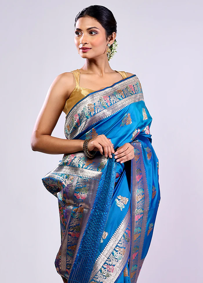 Blue Baluchari Silk Saree With Blouse Piece - Image 2