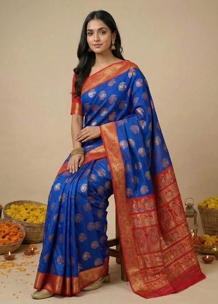 Blue Baluchari Silk Saree With Blouse Piece - Image 3
