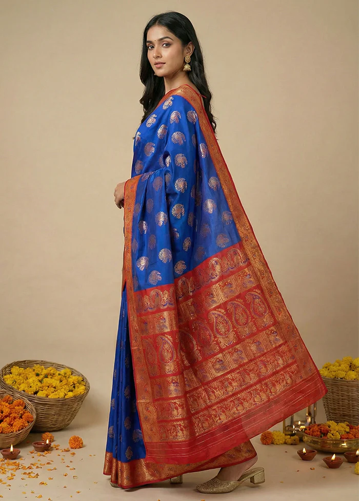Blue Baluchari Silk Saree With Blouse Piece - Image 4