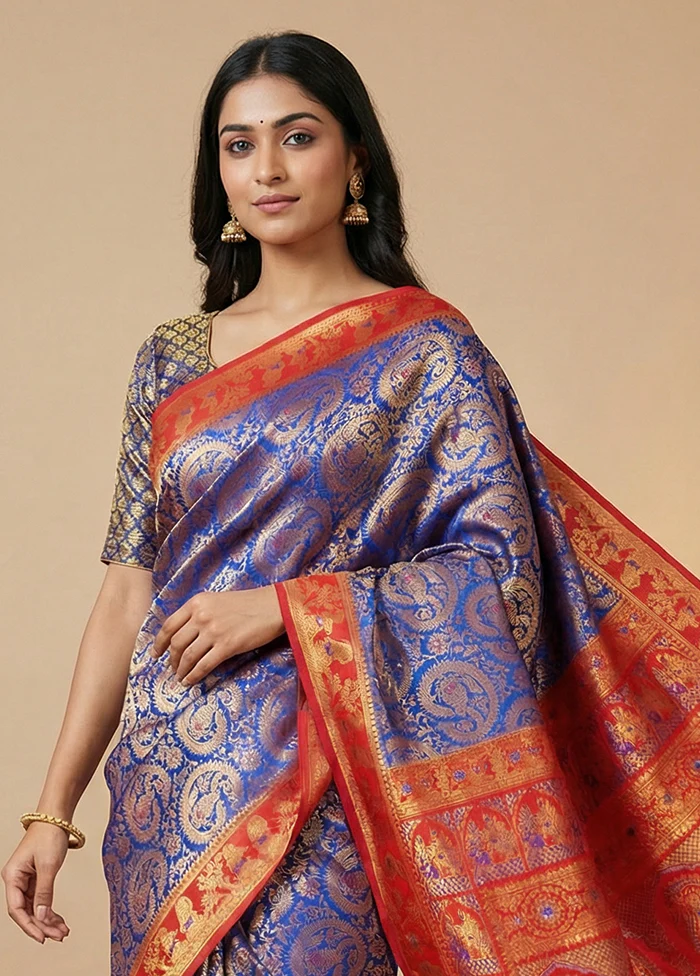 Blue Baluchari Silk Saree With Blouse Piece - Image 2