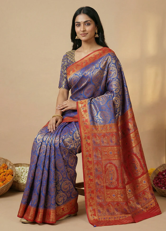 Blue Baluchari Silk Saree With Blouse Piece - Image 3