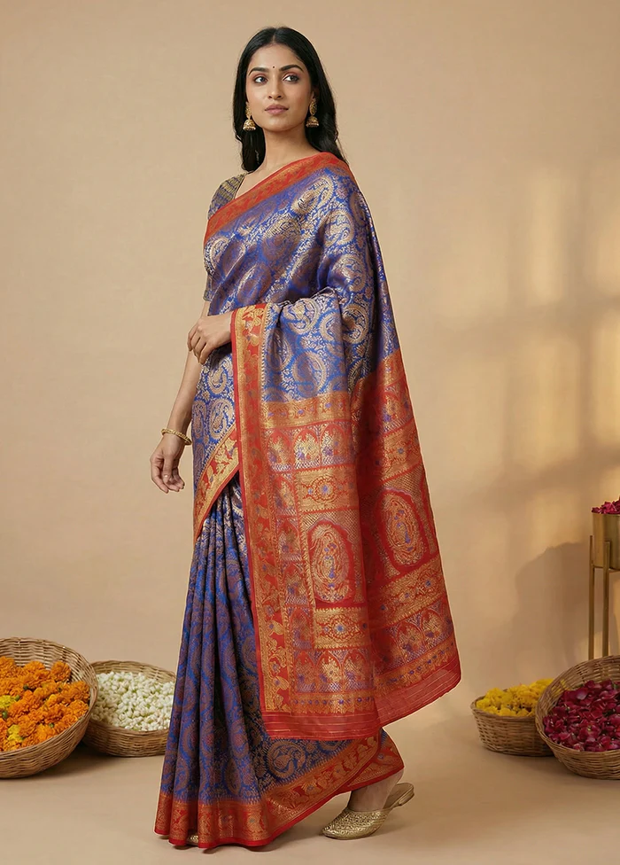 Blue Baluchari Silk Saree With Blouse Piece - Image 4