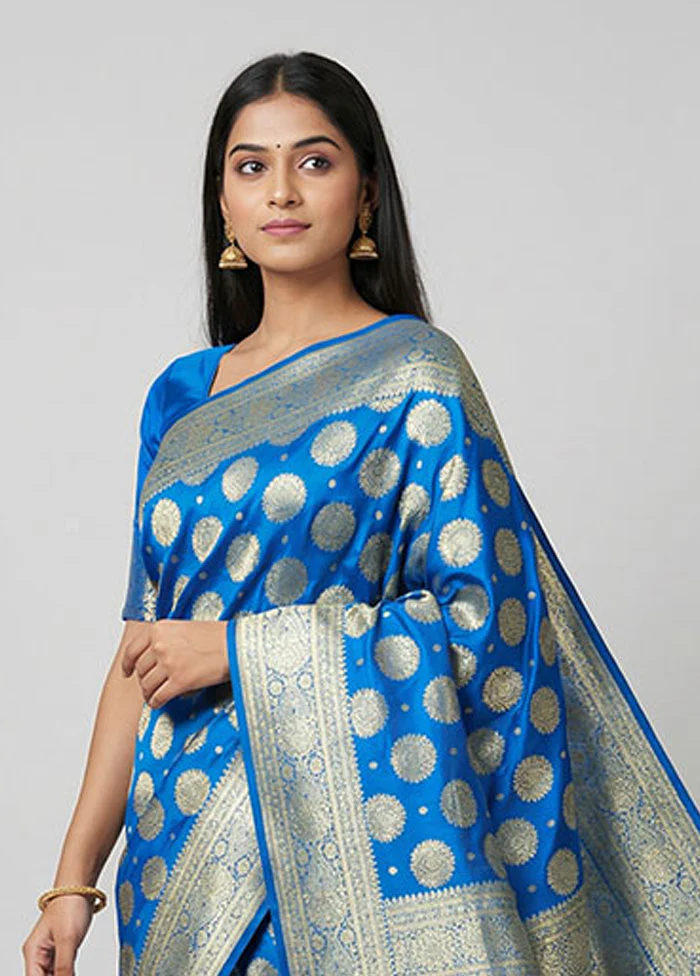 Blue Banarasi Silk Saree With Blouse Piece - Image 2