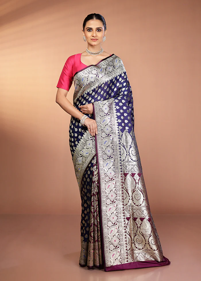 Blue Banarasi Silk Saree With Blouse Piece - Image 2