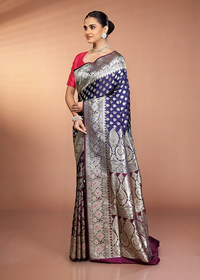 Blue Banarasi Silk Saree With Blouse Piece - Image 4