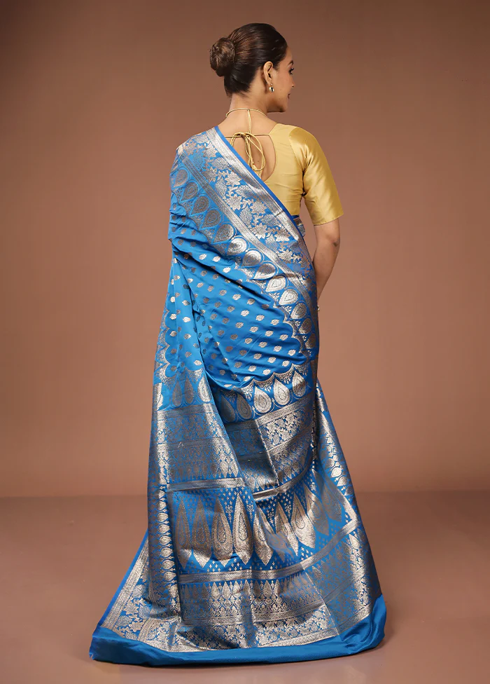 Blue Banarasi Silk Saree With Blouse Piece - Image 3