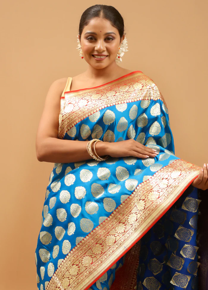 Blue Banarasi Silk Saree With Blouse Piece