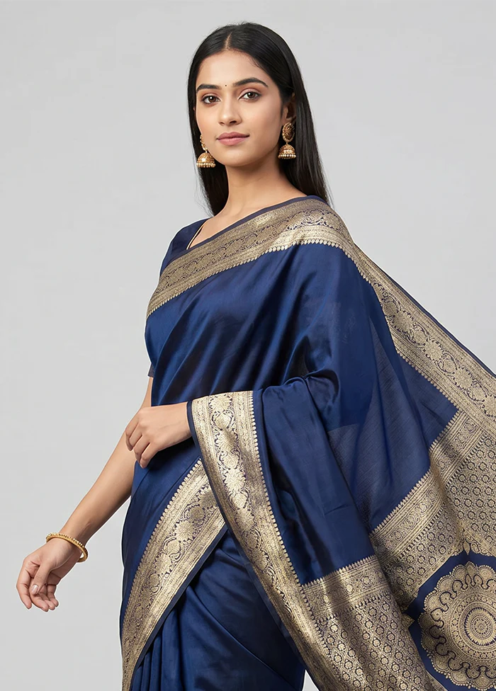 Blue Banarasi Silk Saree With Blouse Piece - Image 2