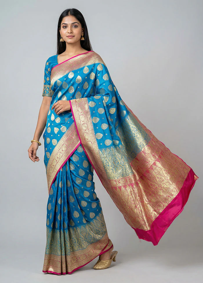 Blue Banarasi Silk Saree With Blouse Piece