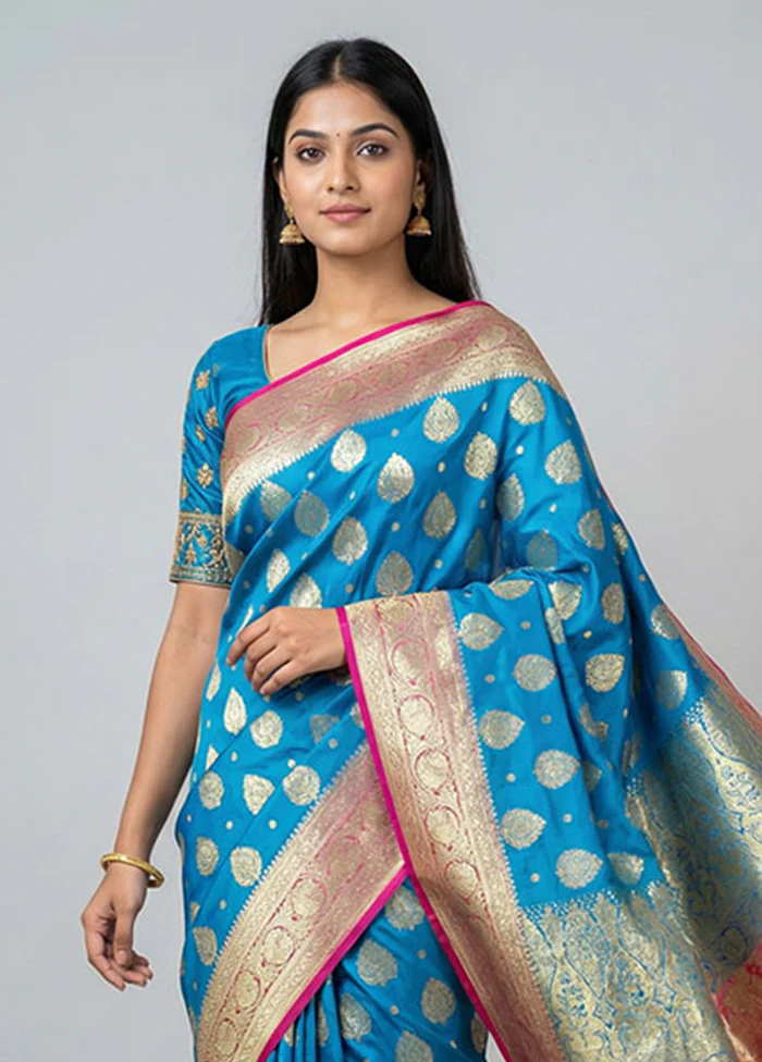 Blue Banarasi Silk Saree With Blouse Piece - Image 2