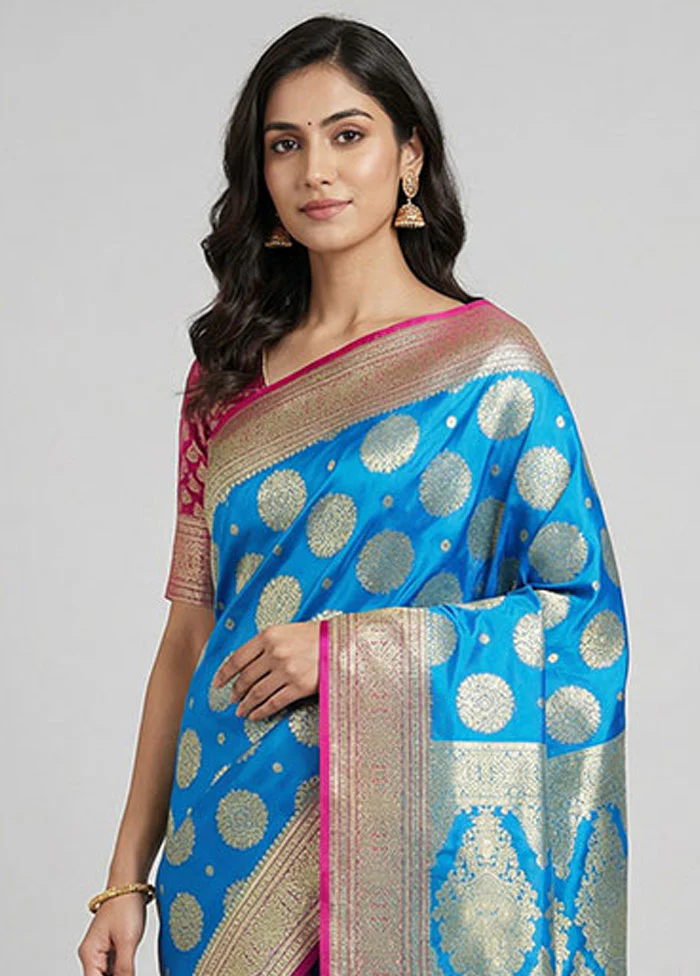 Blue Banarasi Silk Saree With Blouse Piece - Image 2