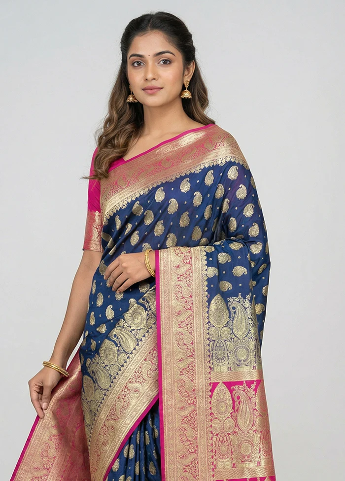 Blue Banarasi Silk Saree With Blouse Piece - Image 2