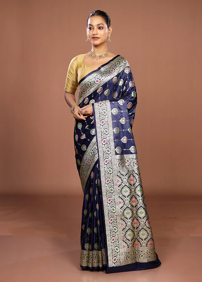 Blue Banarasi Silk Saree With Blouse Piece - Image 2