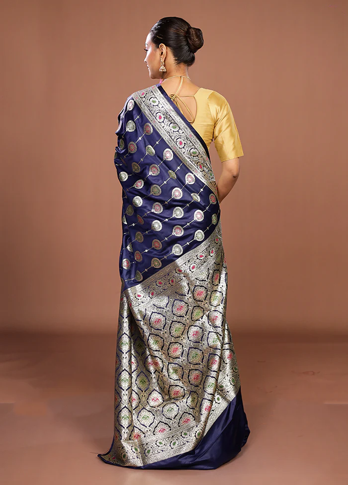 Blue Banarasi Silk Saree With Blouse Piece - Image 3