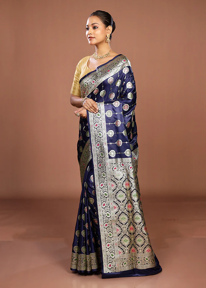 Blue Banarasi Silk Saree With Blouse Piece - Image 4
