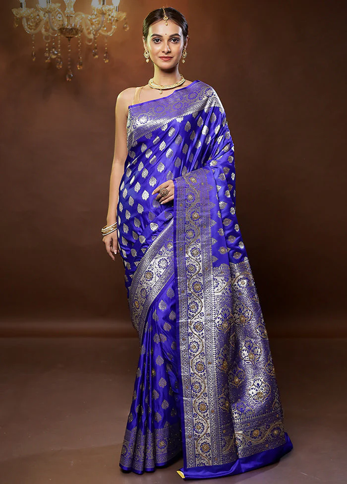 Blue Banarasi Silk Saree With Blouse Piece - Image 2