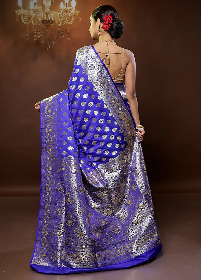 Blue Banarasi Silk Saree With Blouse Piece - Image 3