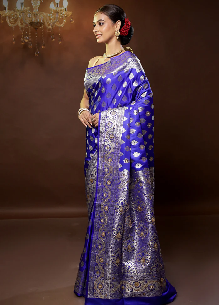 Blue Banarasi Silk Saree With Blouse Piece - Image 4