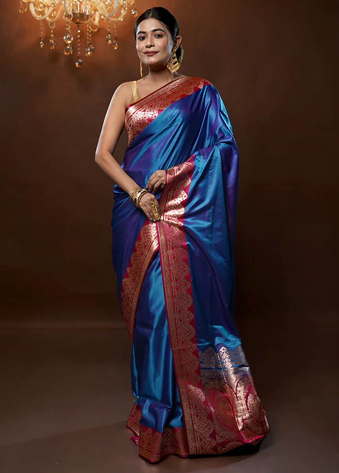 Blue Banarasi Silk Saree With Blouse Piece - Image 2
